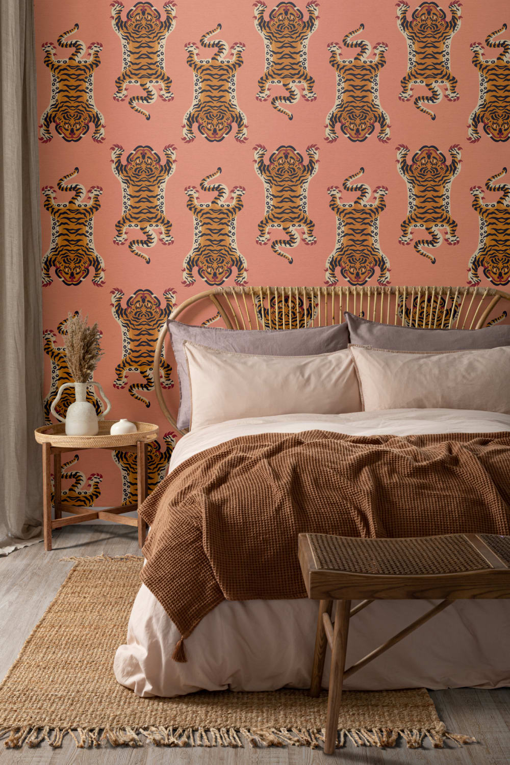 Orange Tibetan Tiger Repeat Pattern Wallpaper