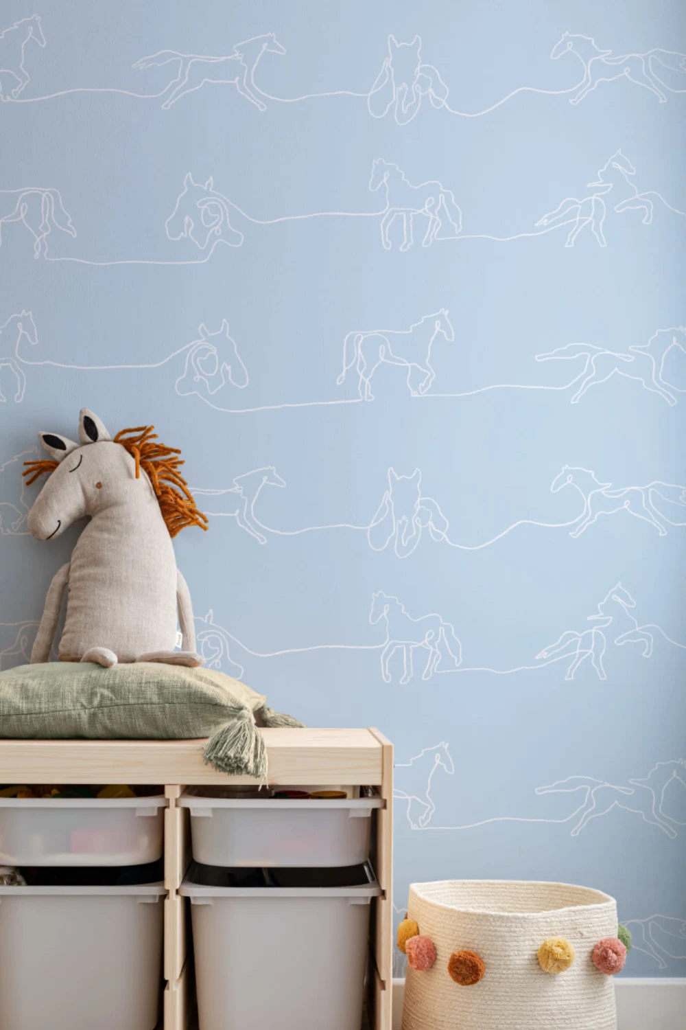 White & Blue Line Drawing Horse Pattern Wallpaper Mural