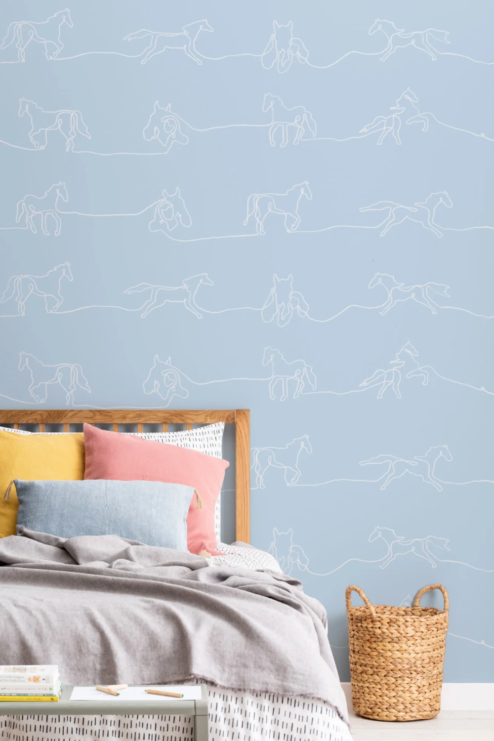 White & Blue Line Drawing Horse Pattern Wallpaper Mural