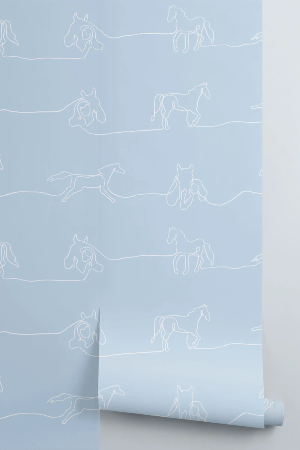 White & Blue Line Drawing Horse Pattern Wallpaper Mural
