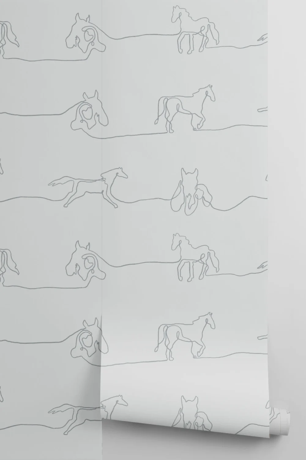 Papier Peint Panoramique Gris à Motif de Dessins de Chevaux Stylisés