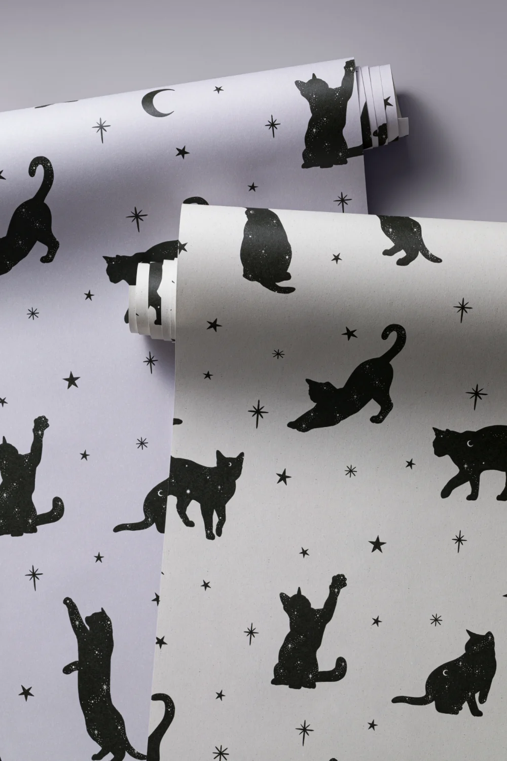 Mural Papel Pintado Blanco y Negros con Motivo de Gatos y Estrellas