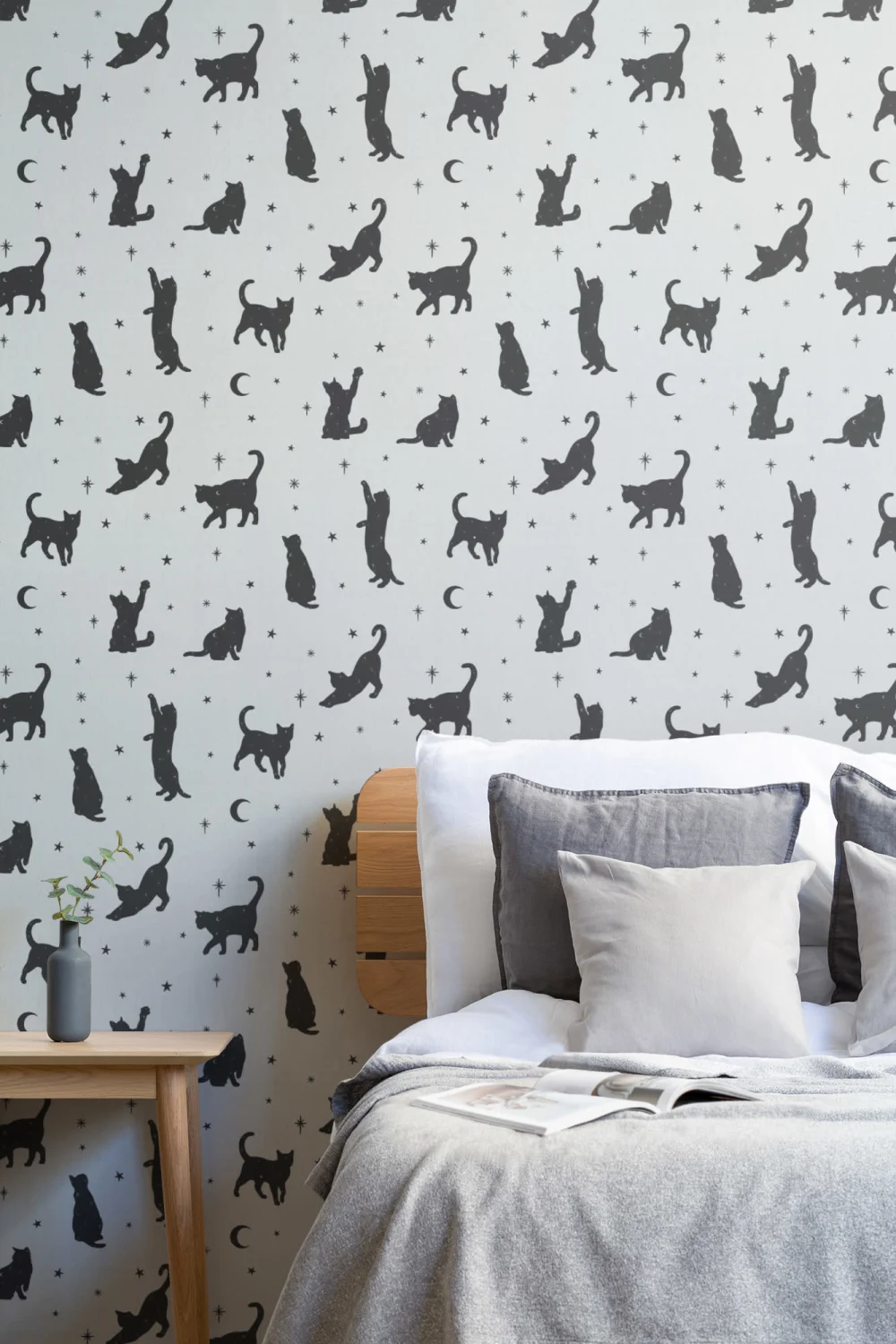 Mural Papel Pintado Blanco y Negros con Motivo de Gatos y Estrellas