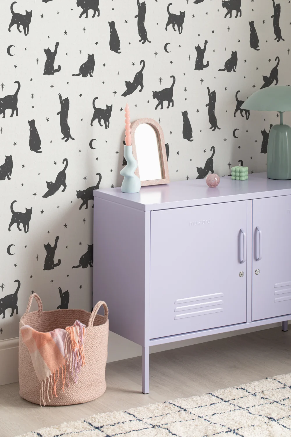 Mural Papel Pintado Blanco y Negros con Motivo de Gatos y Estrellas