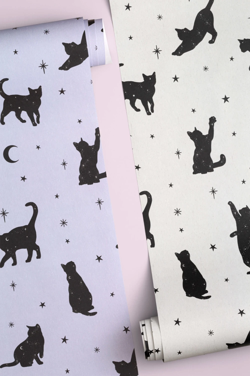 Mural Papel Pintado Blanco y Negros con Motivo de Gatos y Estrellas