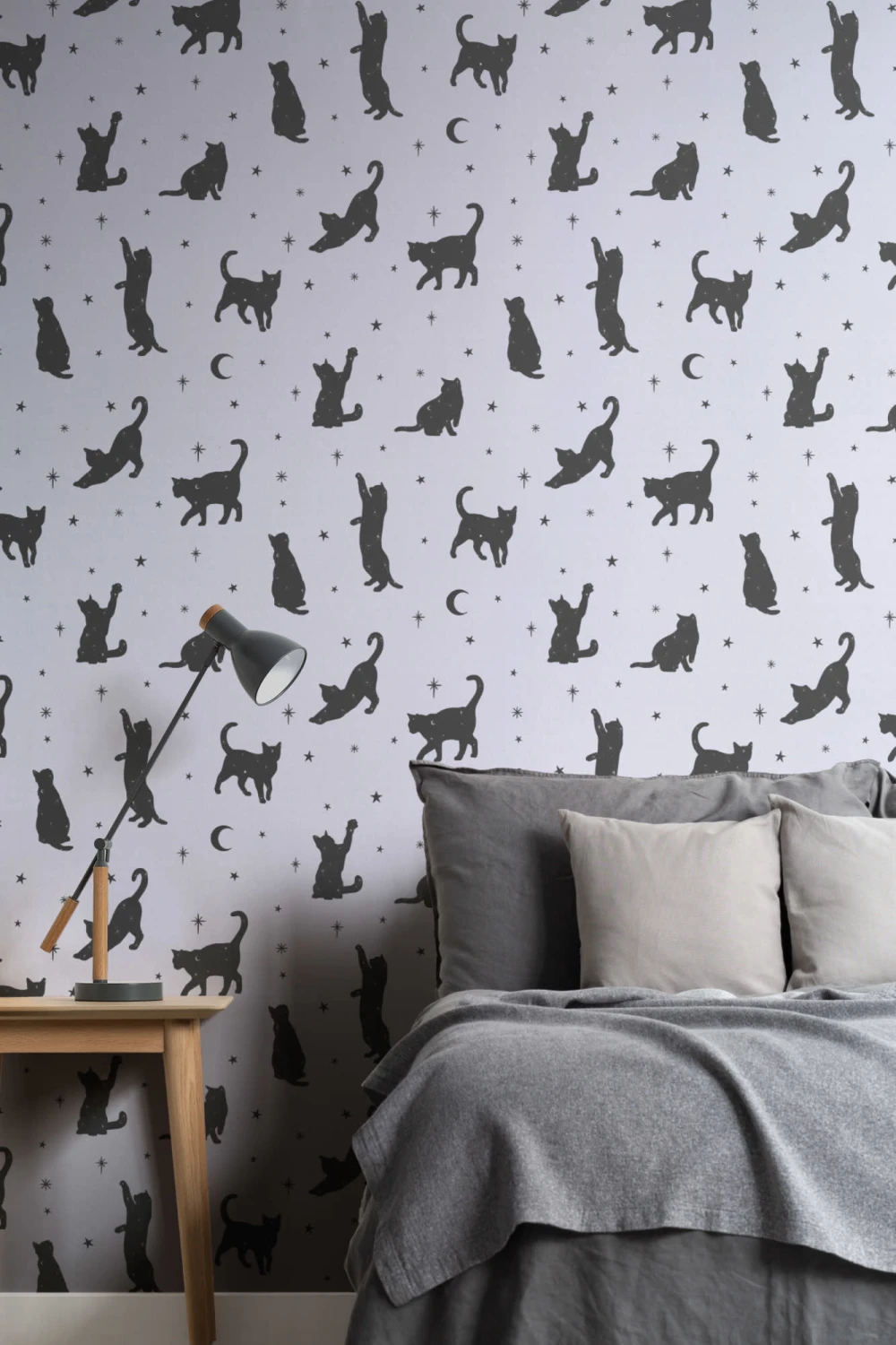 Pastell Lilla Svart Katt Måne & Stjerner Mønster Fototapet