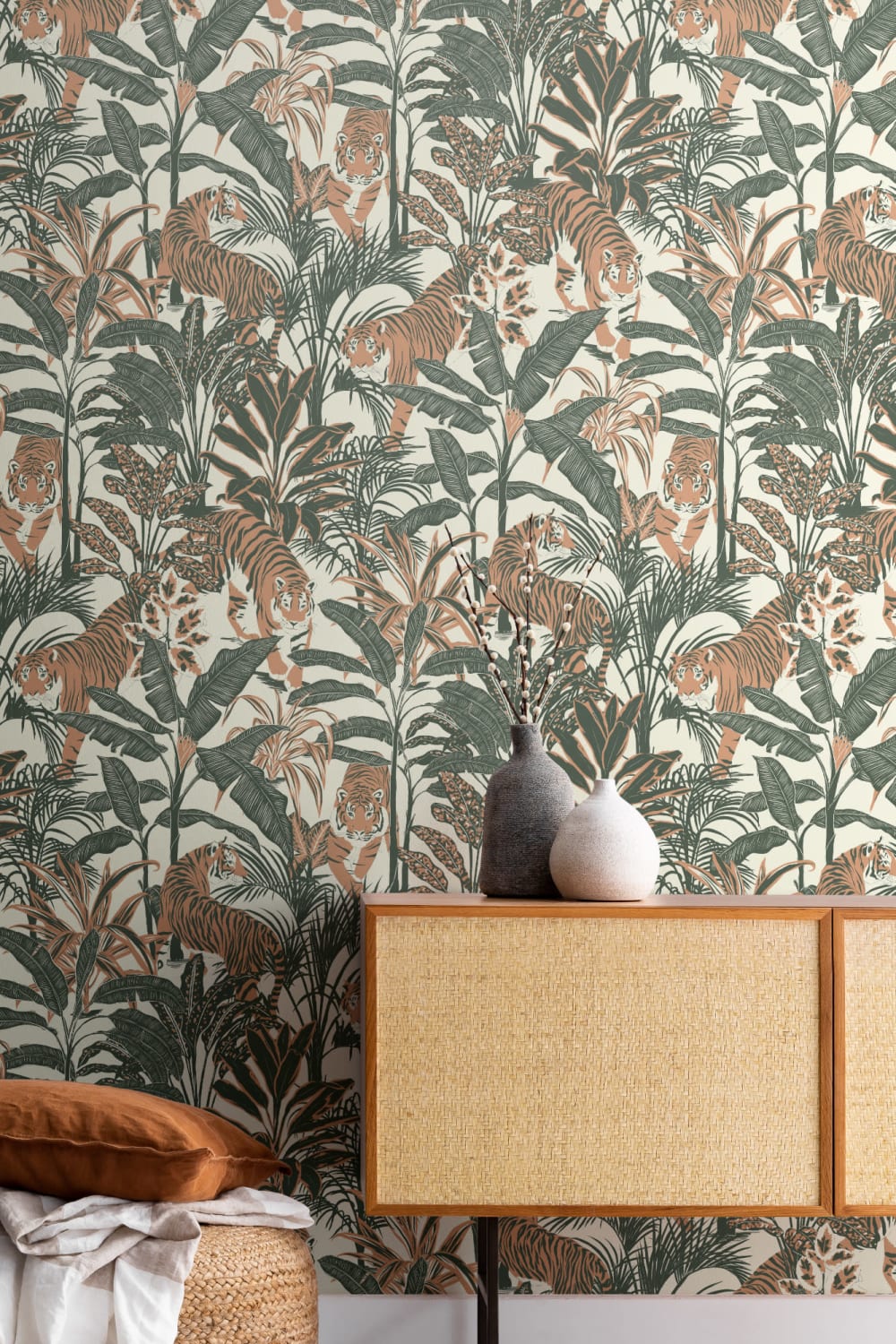 Papel Pintado Patrón de Tigres y Plantas Tropicales