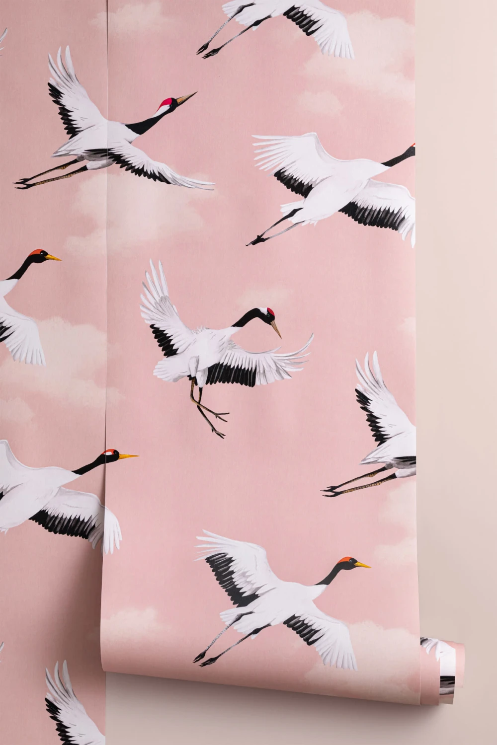 Flying Japanese Cranes Pink Repeat Pattern Wallpaper