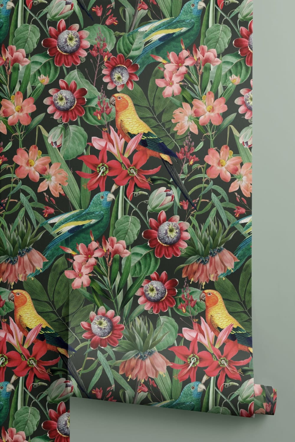 Multicolor Tropical Leaves, Florals and Parrots Wallpaper
