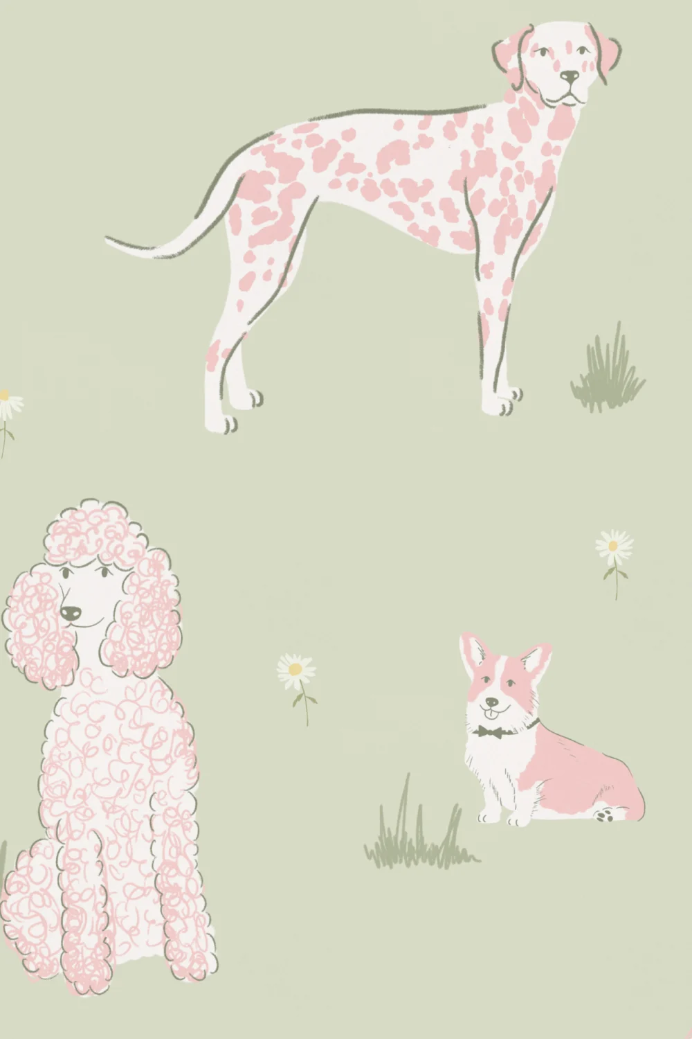 Groene en Roze Speelse Honden Muurschildering