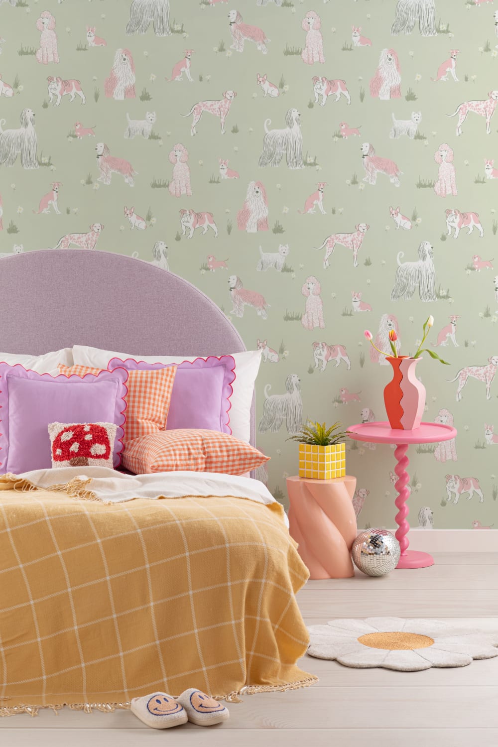 Groene en Roze Speelse Honden Muurschildering