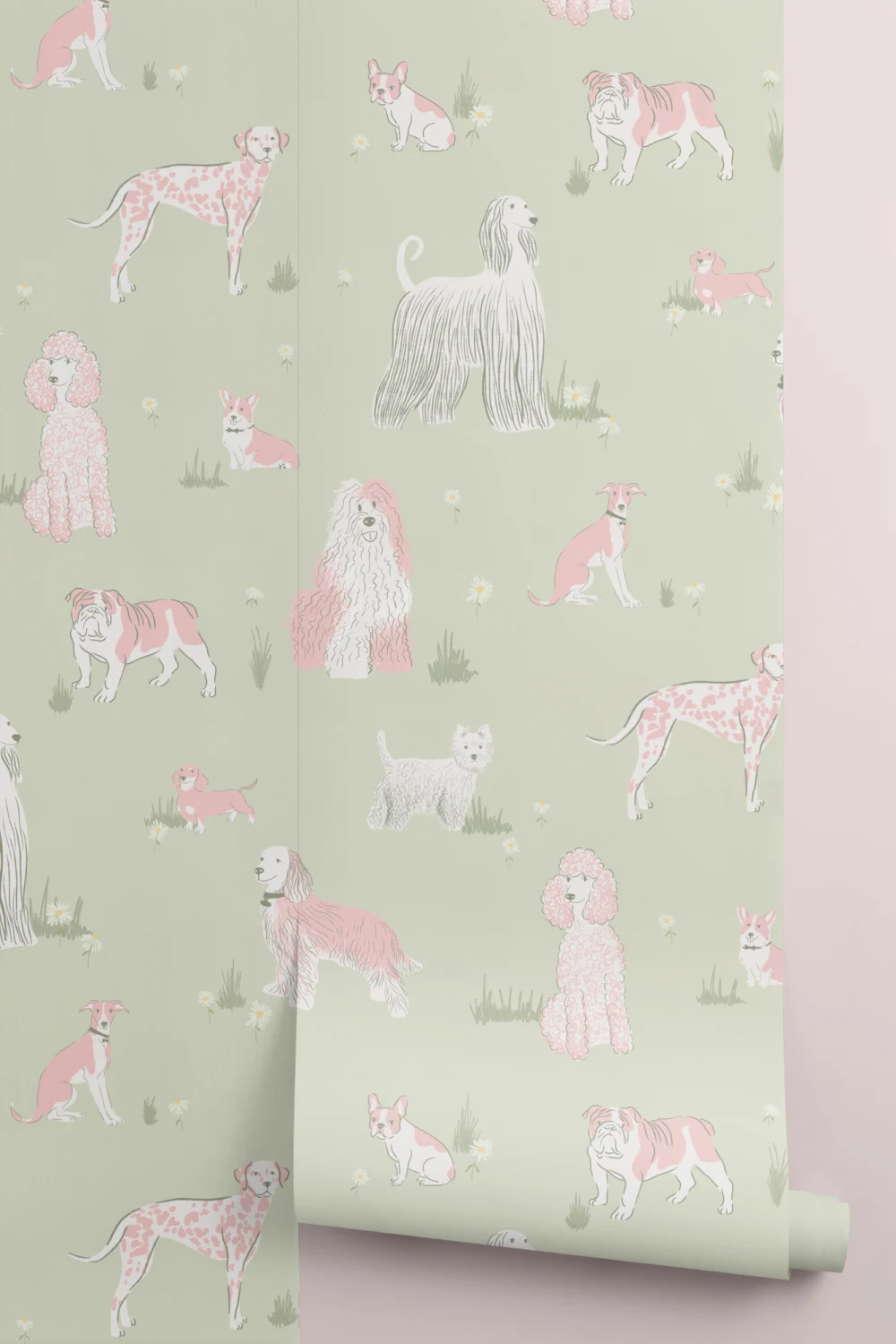 Groene en Roze Speelse Honden Muurschildering