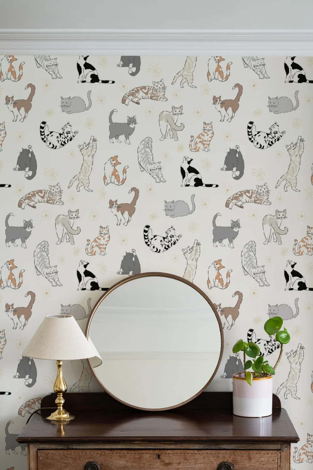 Neutrale Kattenpatroon Muurschildering Met Speelse Kattencharme