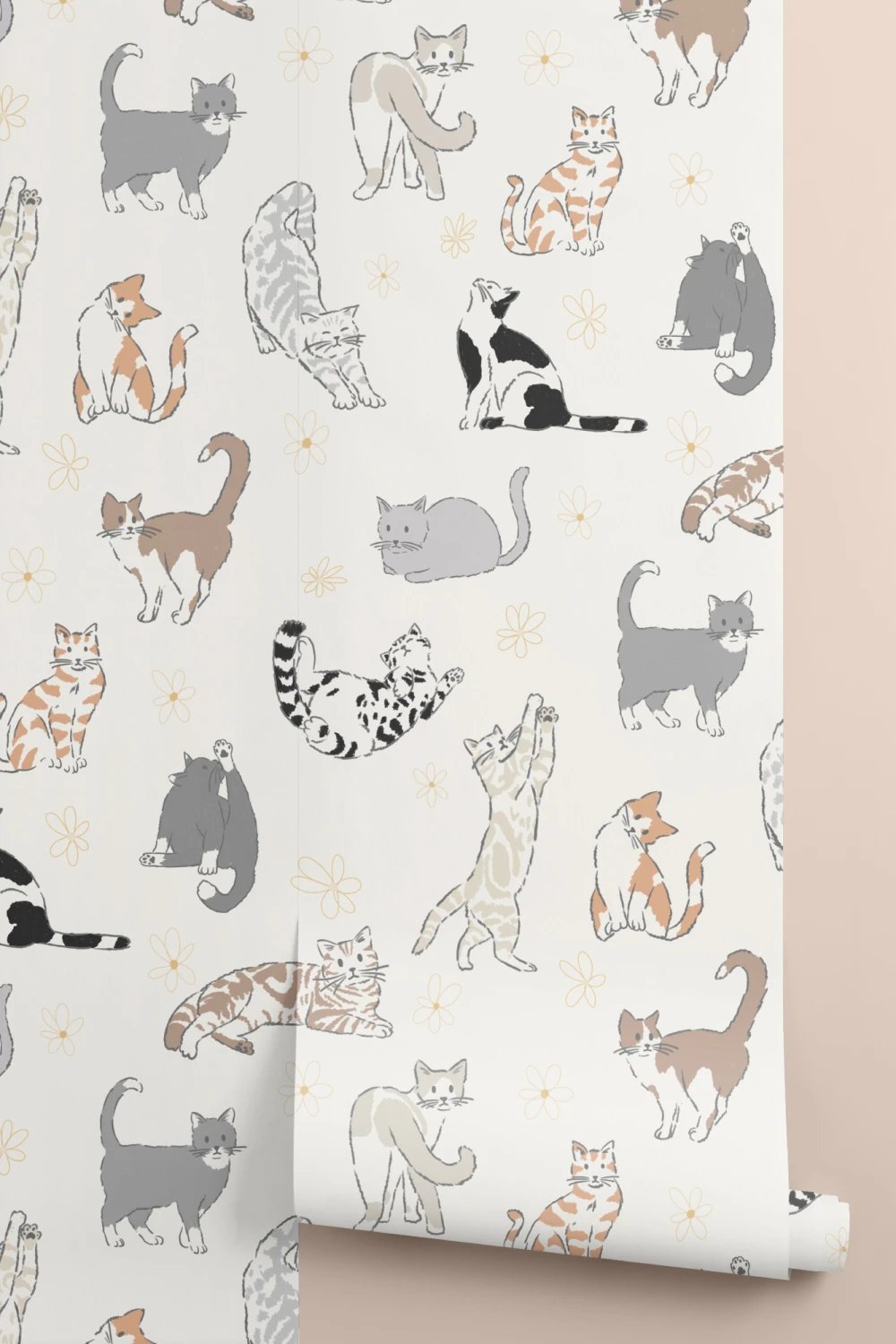 Neutrale Kattenpatroon Muurschildering Met Speelse Kattencharme