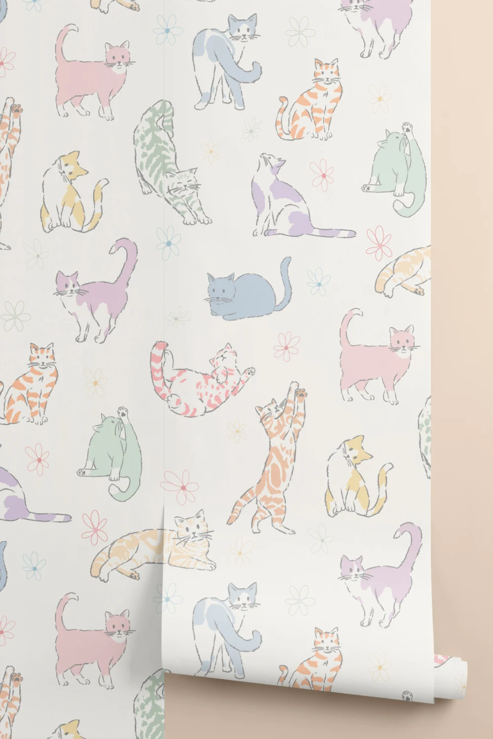 Multicolour Playful Cat Kids' Mural for Cheerful Spaces