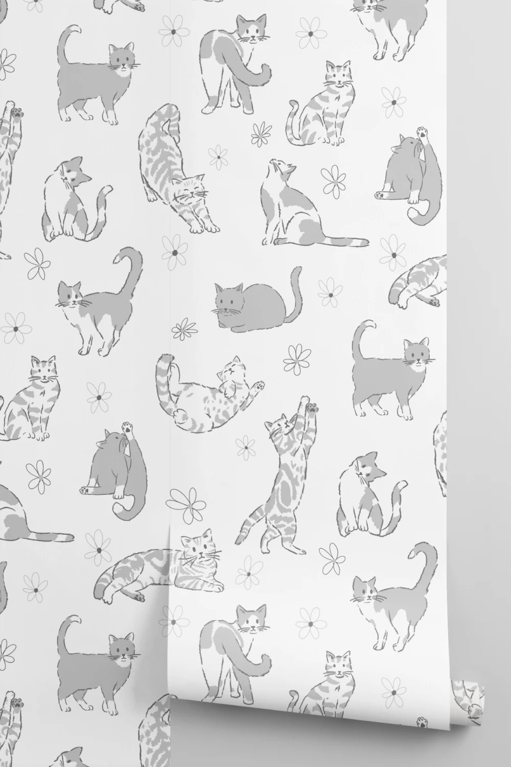 Grijs kattenpatroon kindermuurschildering voor speelse ruimtes