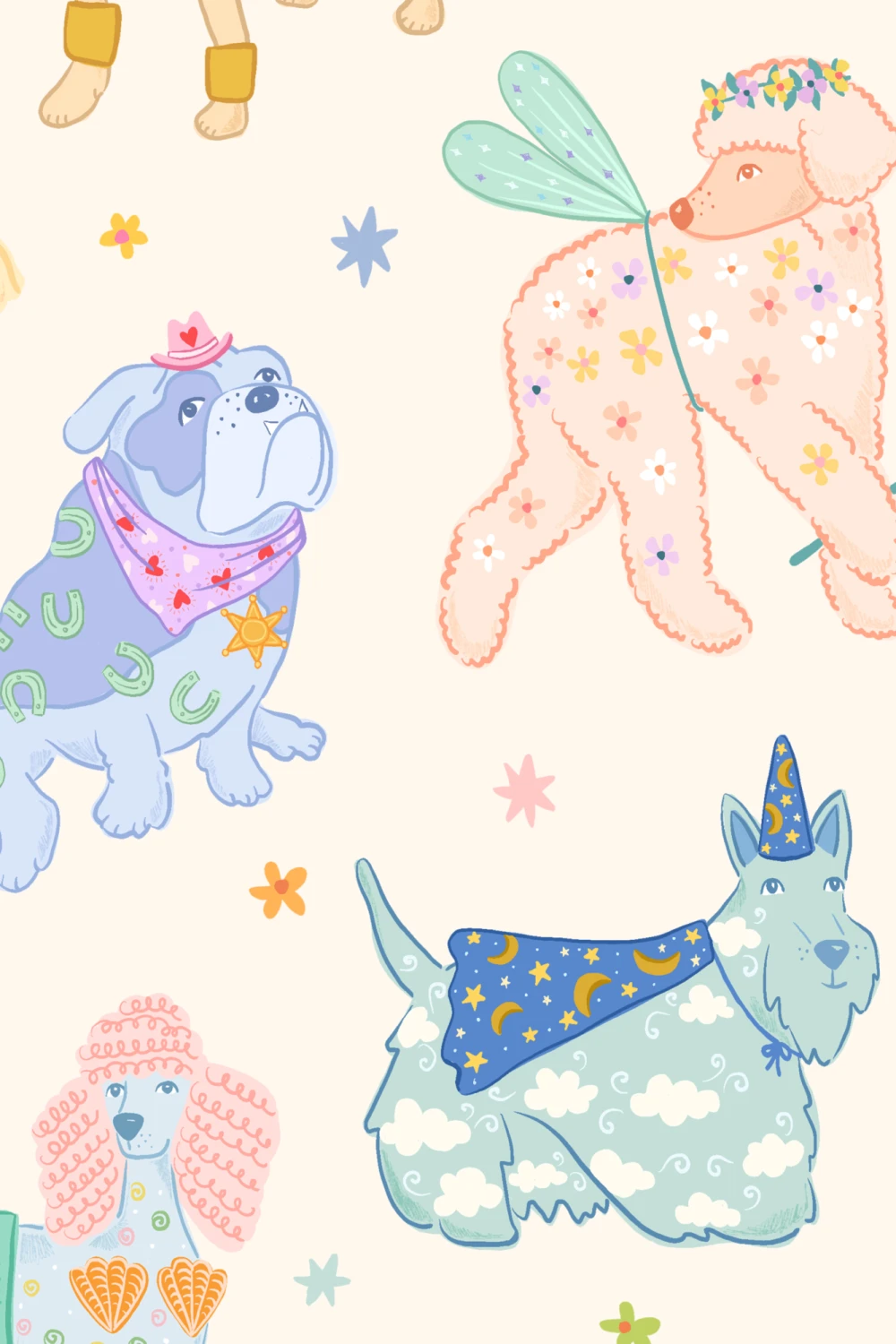 Mural de cães coloridos com fatos