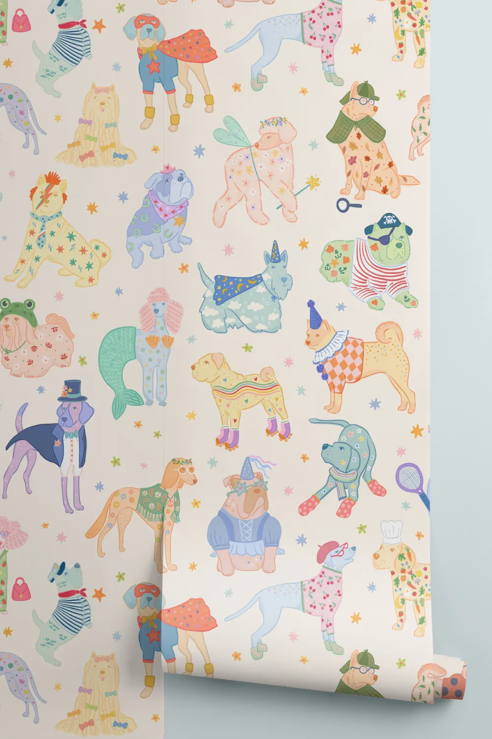 Mural de cães coloridos com fatos