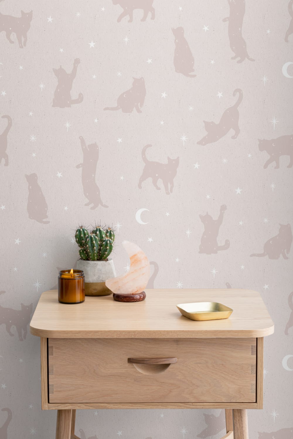 Mural de papel pintado Gato rosa Luna y estrellas