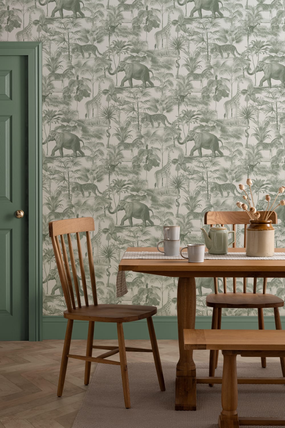 Papier peint Vert Animal de la jungle ton sur ton tropical