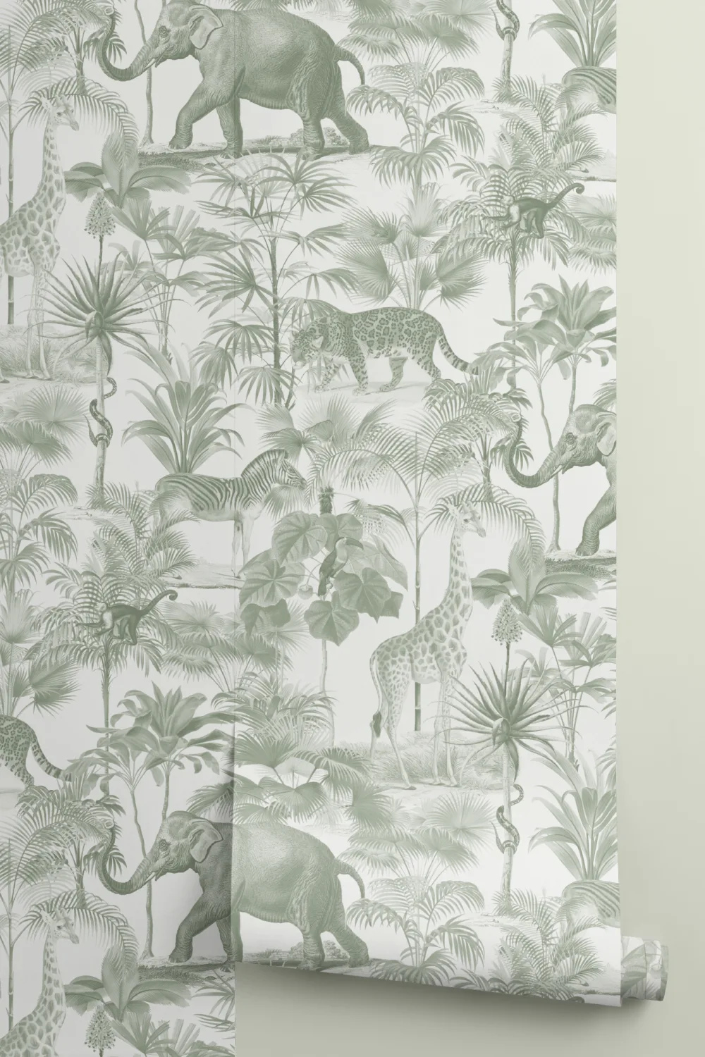 Papier peint Vert Animal de la jungle ton sur ton tropical