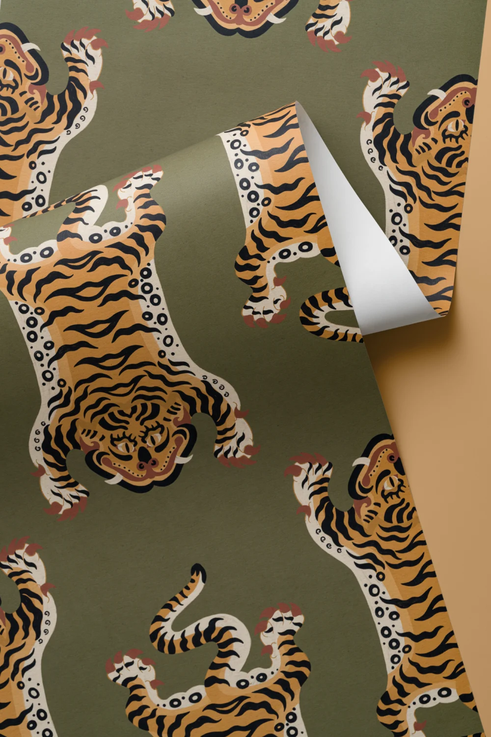 Carta da parati con motivo tigre tibetana verde