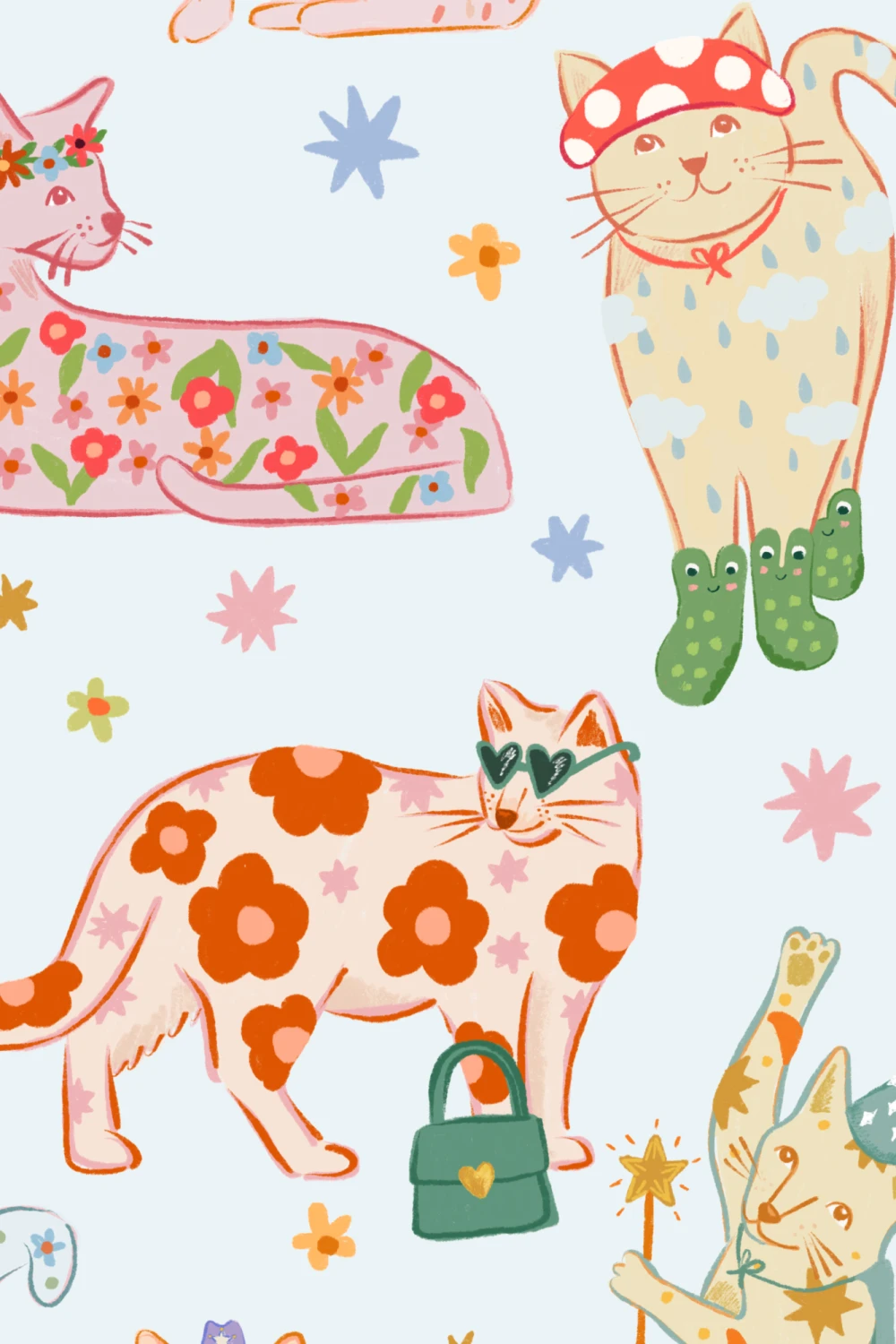 Blue Cats in Outfits Print Mural
