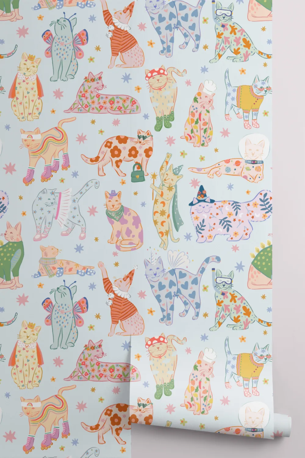 Blue Cats in Outfits Print Mural