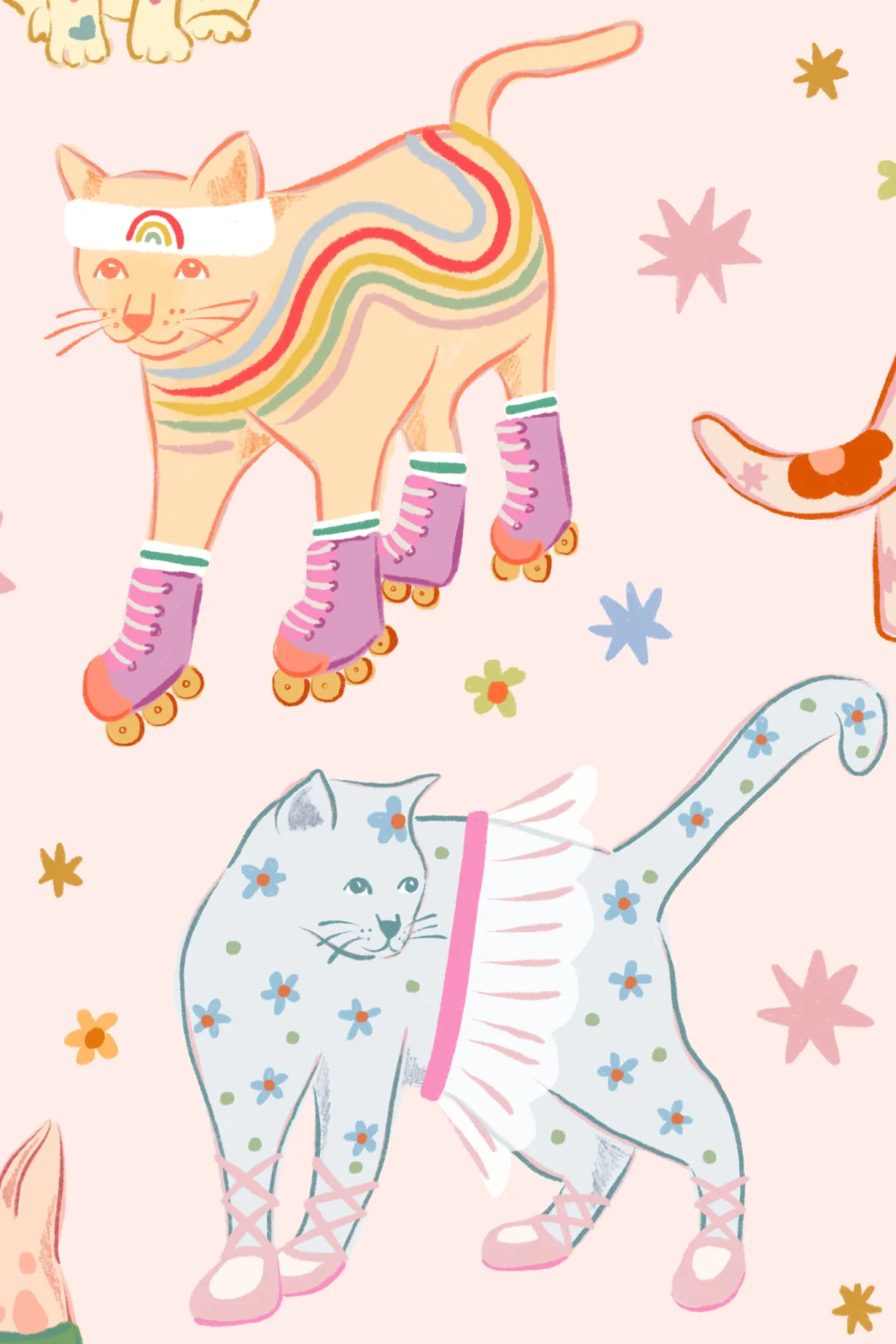 Pink Cats in Outfits Print Mural