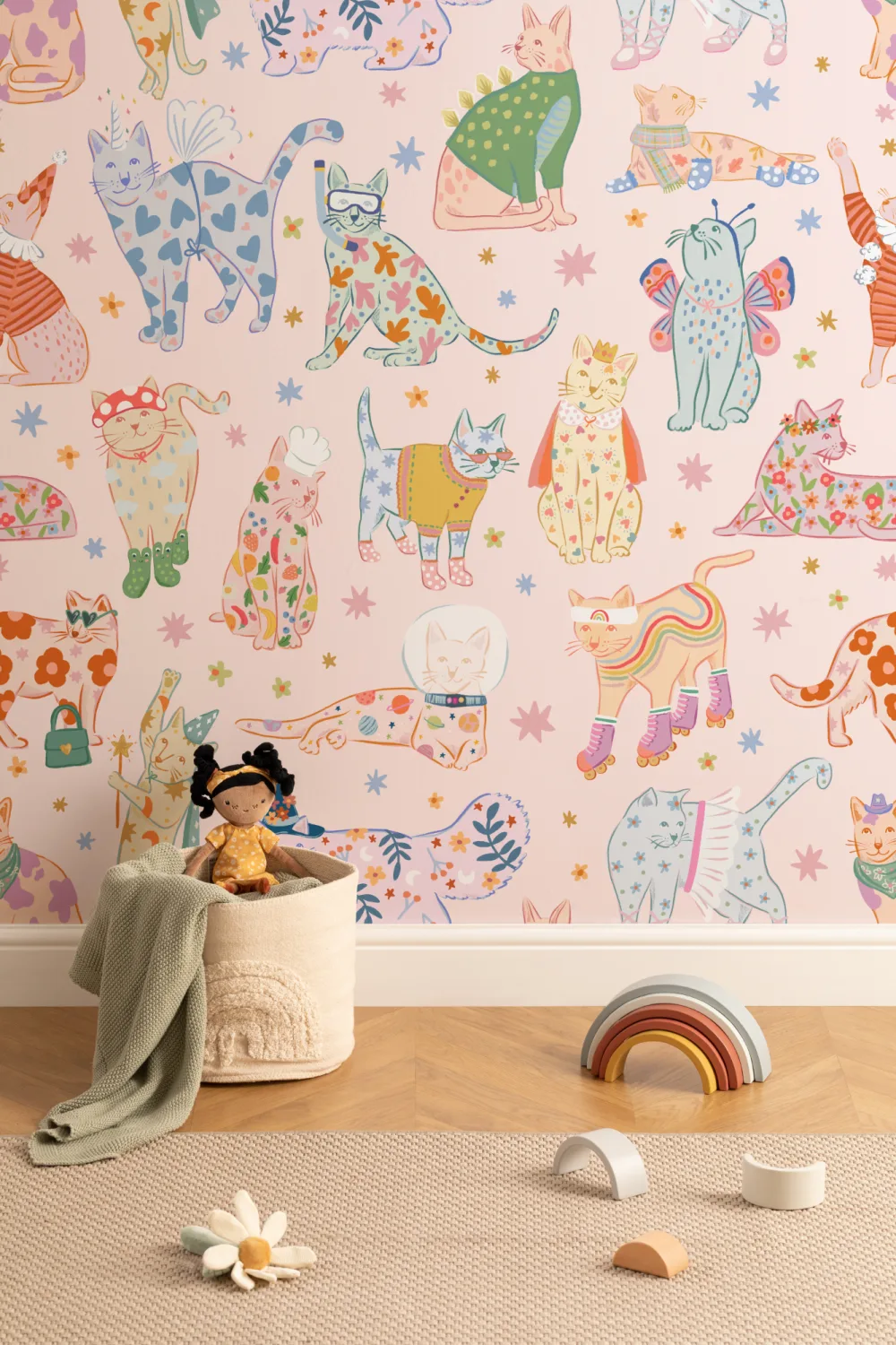 Pink Cats in Outfits Print Mural