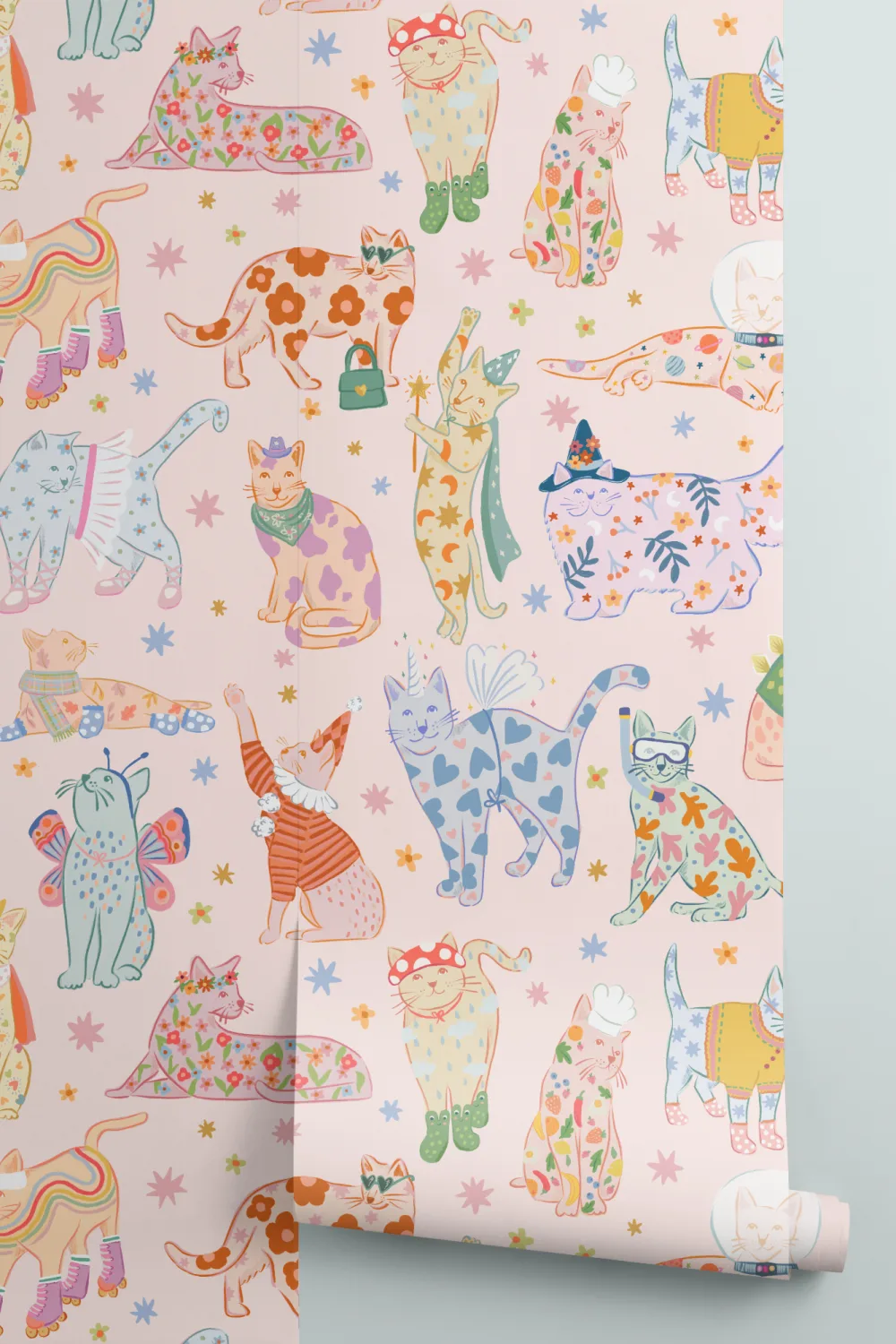 Pink Cats in Outfits Print Mural