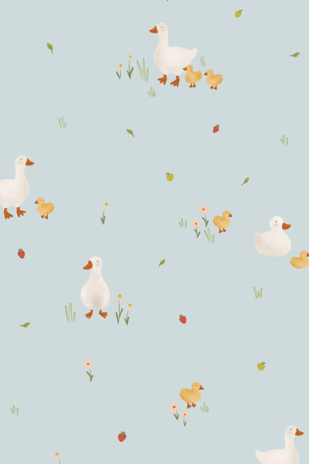Blue Cute Beige Duck & Ducklings Print Wallpaper