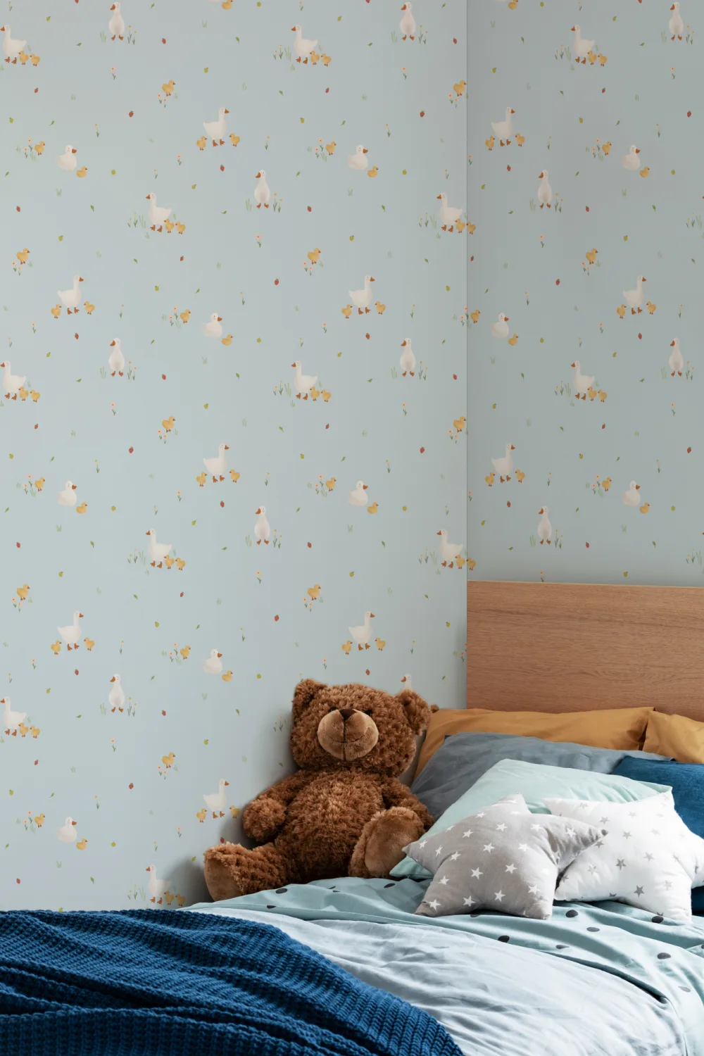Blue Cute Beige Duck & Ducklings Print Wallpaper