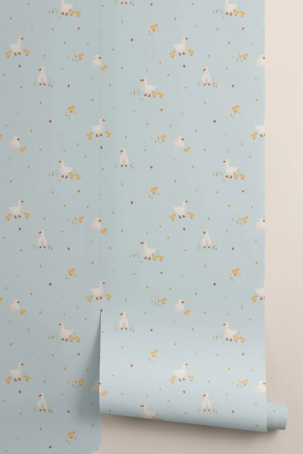 Blue Cute Beige Duck & Ducklings Print Wallpaper