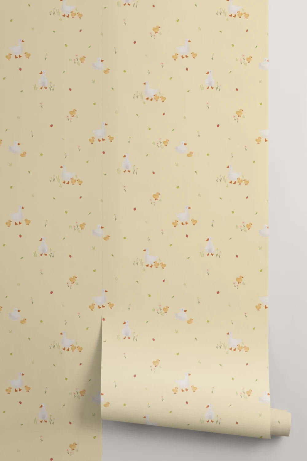 Yellow Cute Beige Duck & Ducklings Print Wallpaper