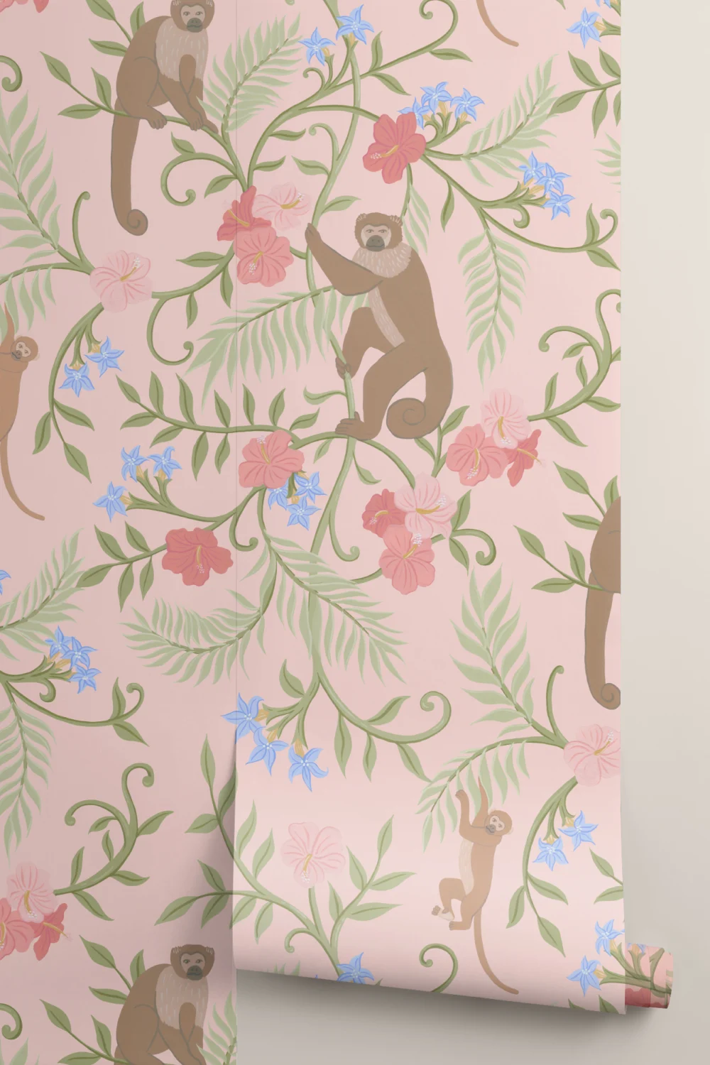 Pink Macaque Monkey Tropical Mural