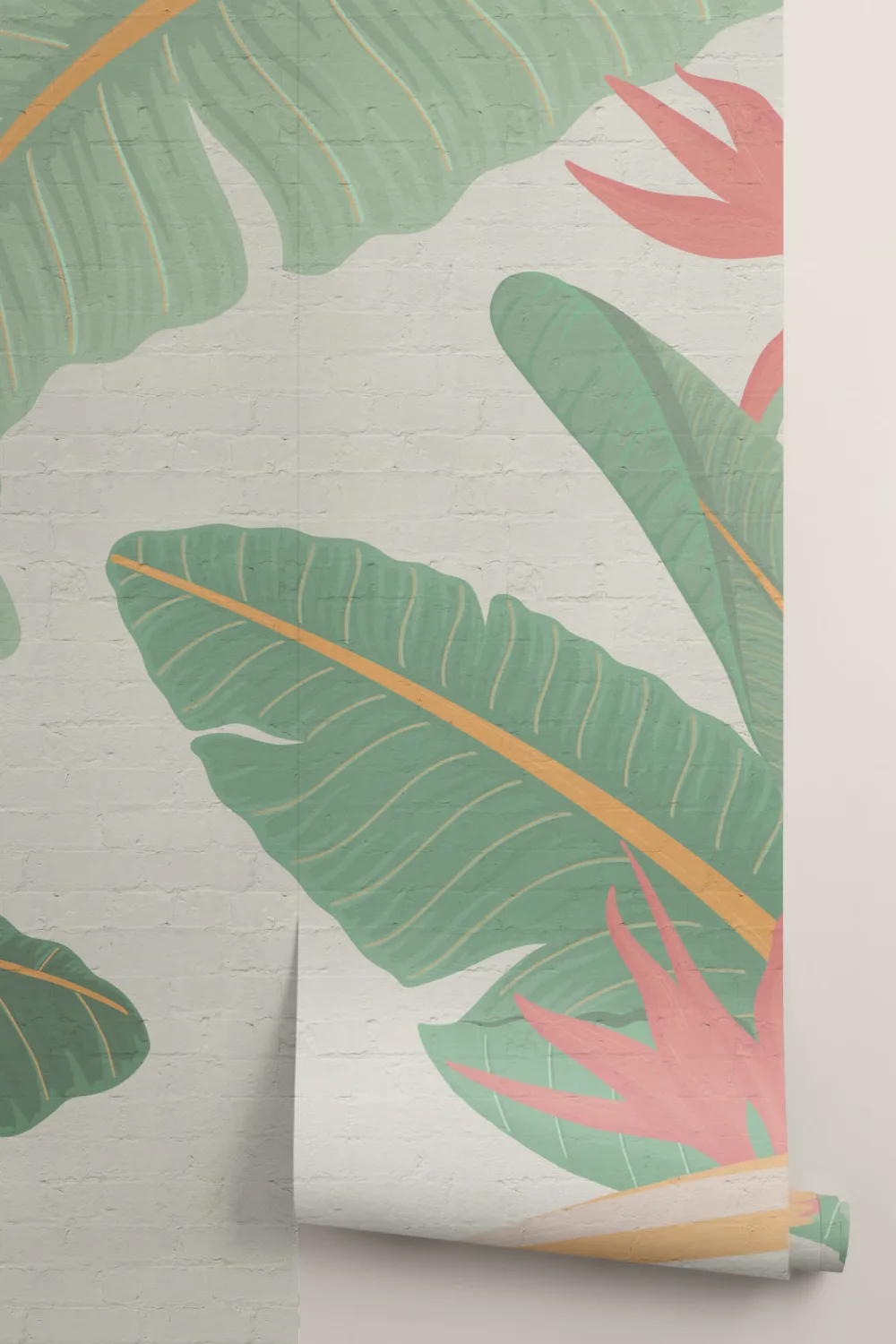 Biophilic Banana Leaf and Brick Wallpaper Mural