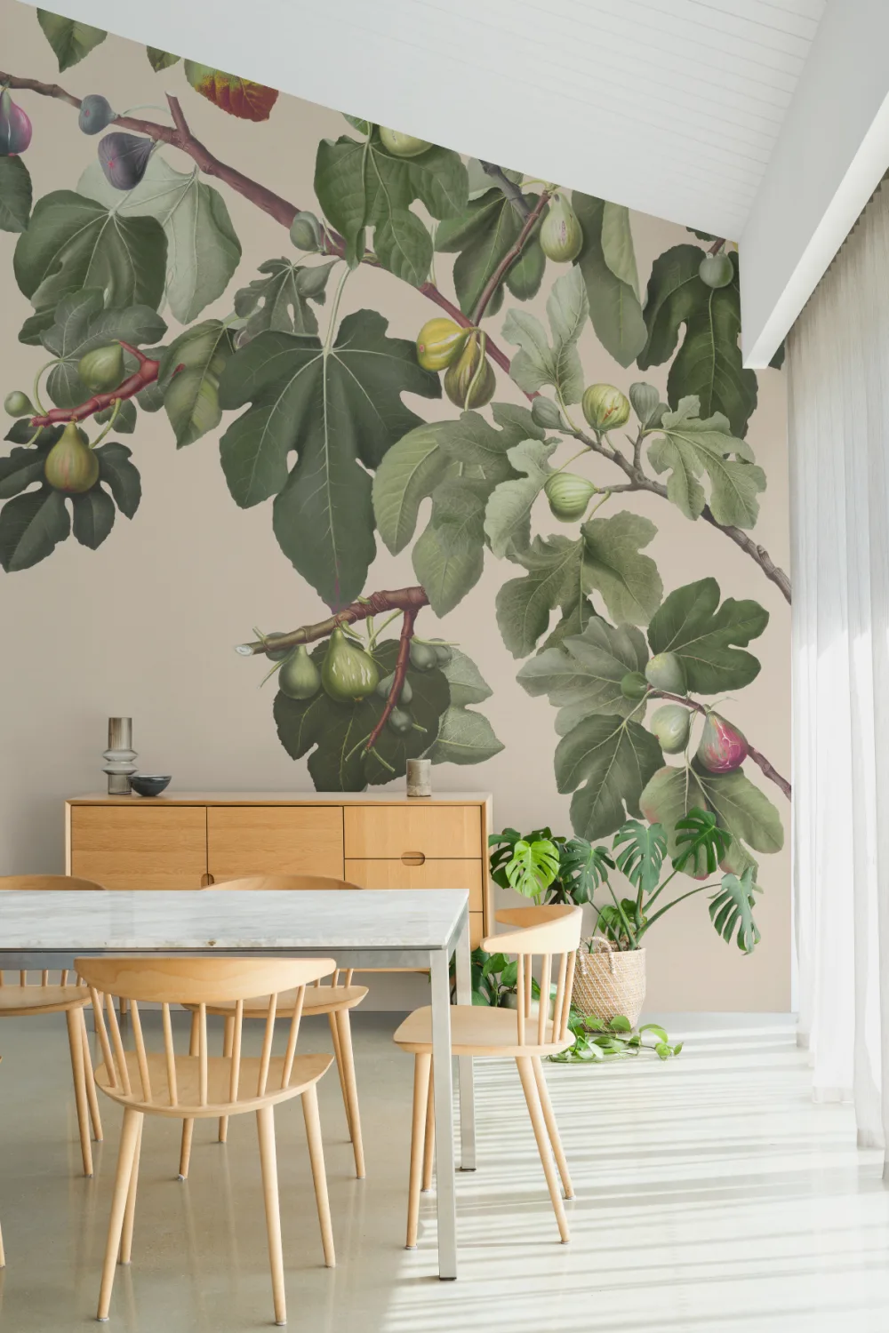 Vintage Fig Plant Botanical Illustration Wall Mural on Neutral Beige Background
