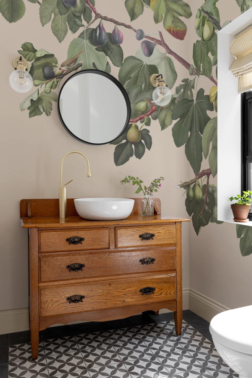 Vintage Fig Plant Botanical Illustration Wall Mural on Neutral Beige Background