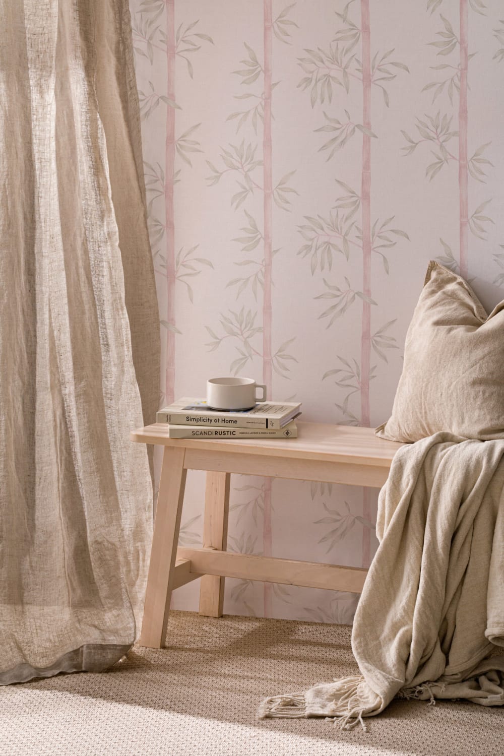 Papel de parede de bambu em aguarela cor-de-rosa e verde