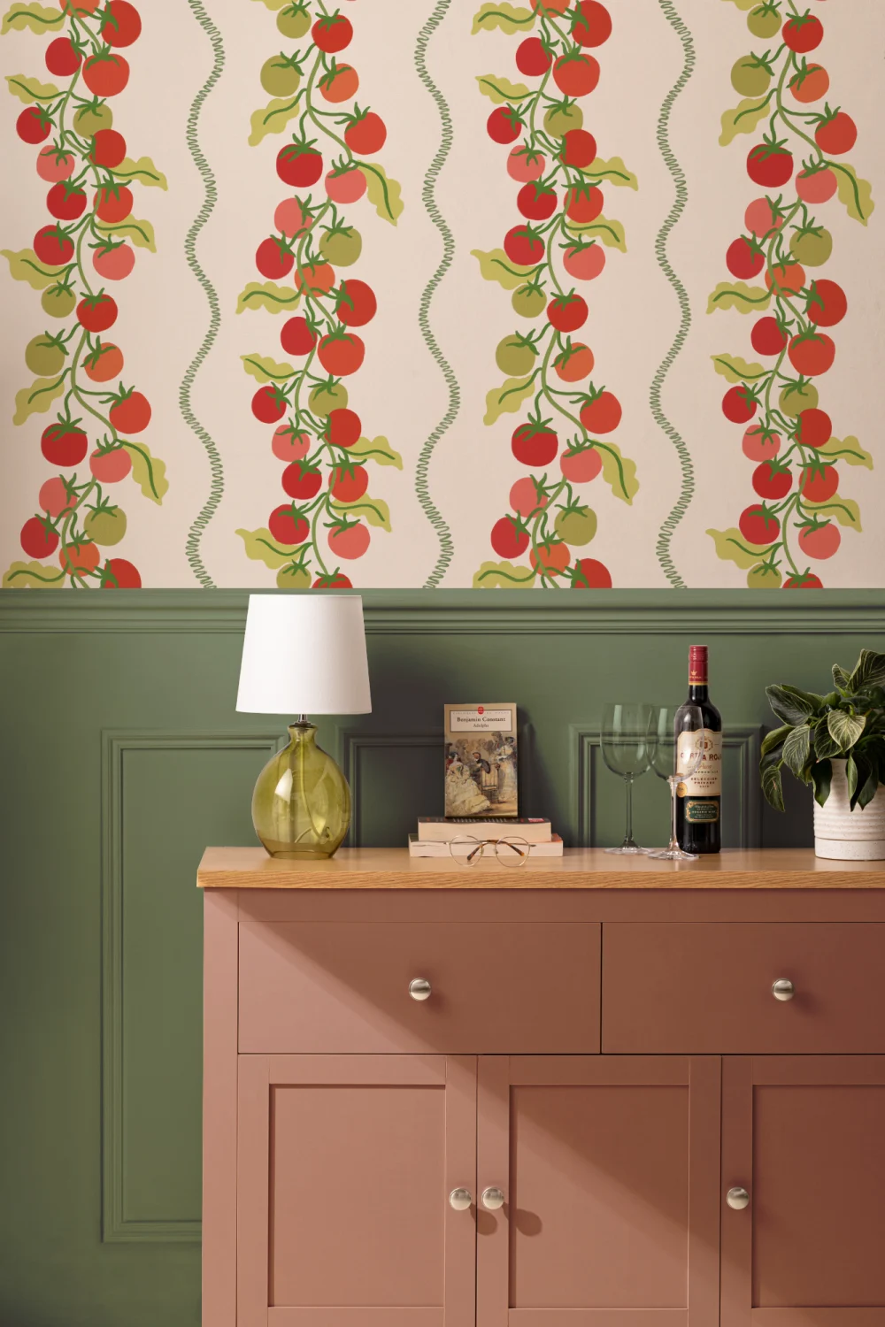 Beige, botanisk, stribet fototapet med vinranker og tomater
