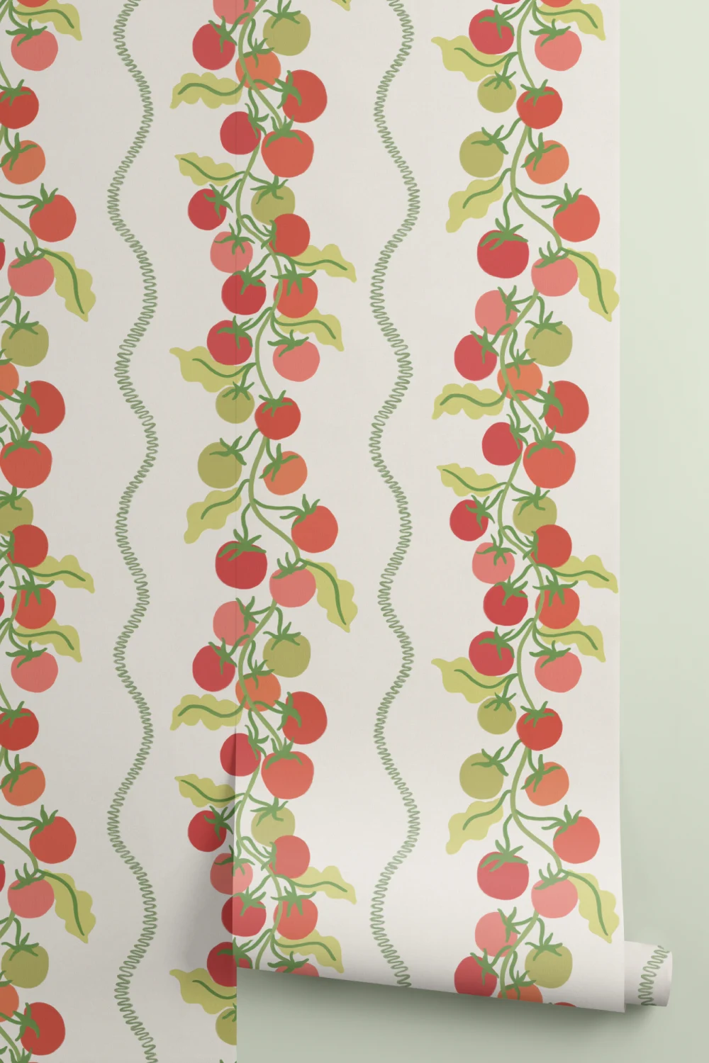 Beige, botanisk, stribet fototapet med vinranker og tomater