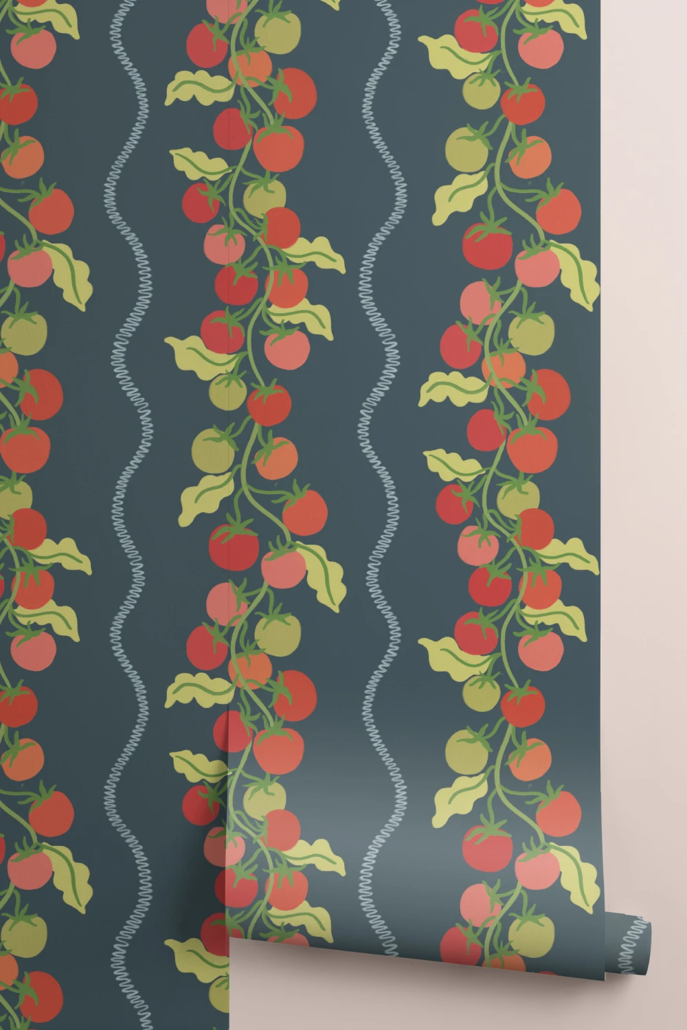 Carta da parati a strisce botaniche Vite Scura Pomodoro