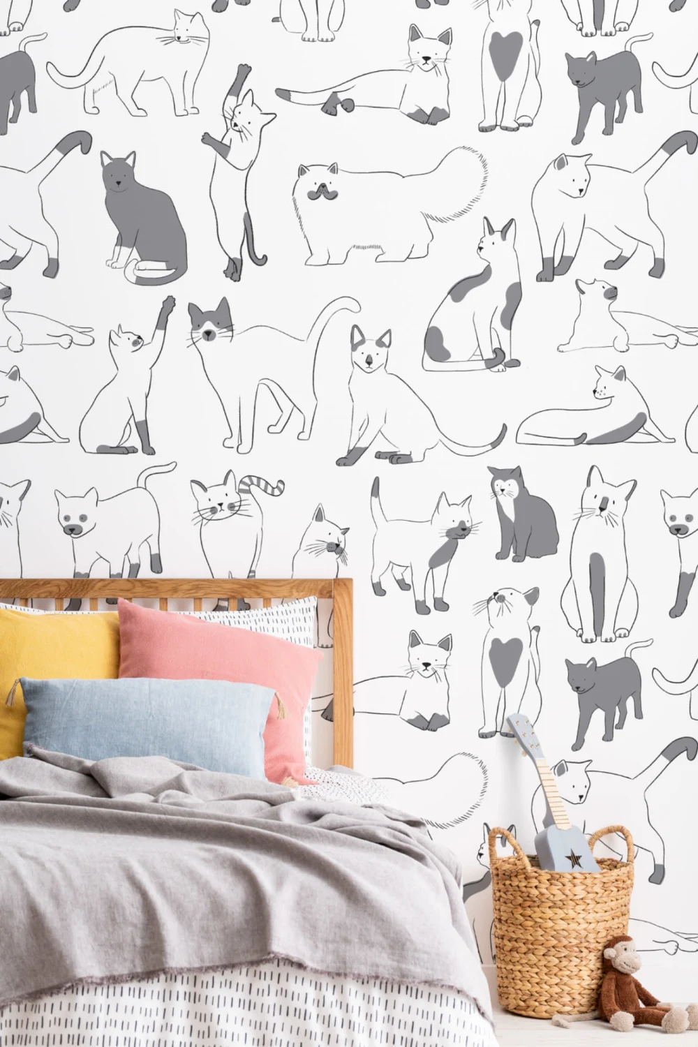 Grey & White Cool Cat Pattern Wallpaper Mural