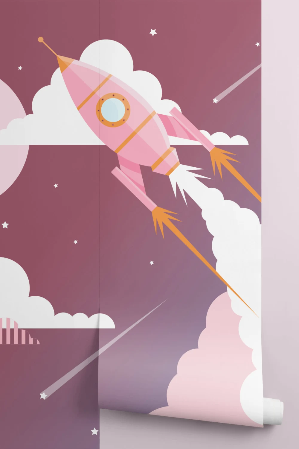 Mural Papel Pintado Niños Cohete Espacial Rosa