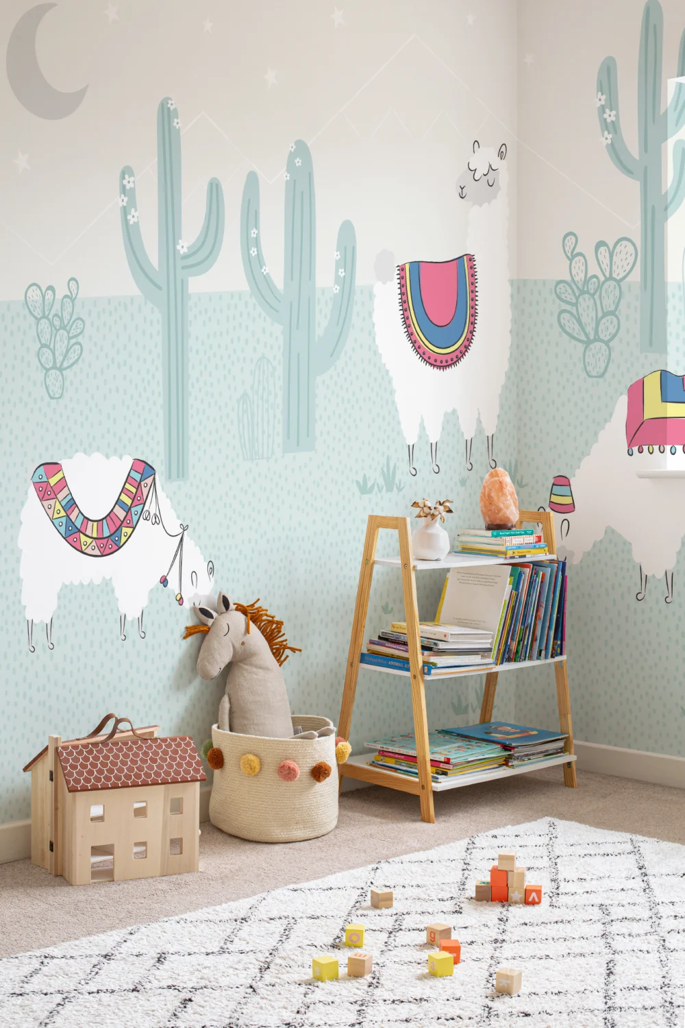 Cool albastru Exotic Llama Cactus Wallpaper Mural