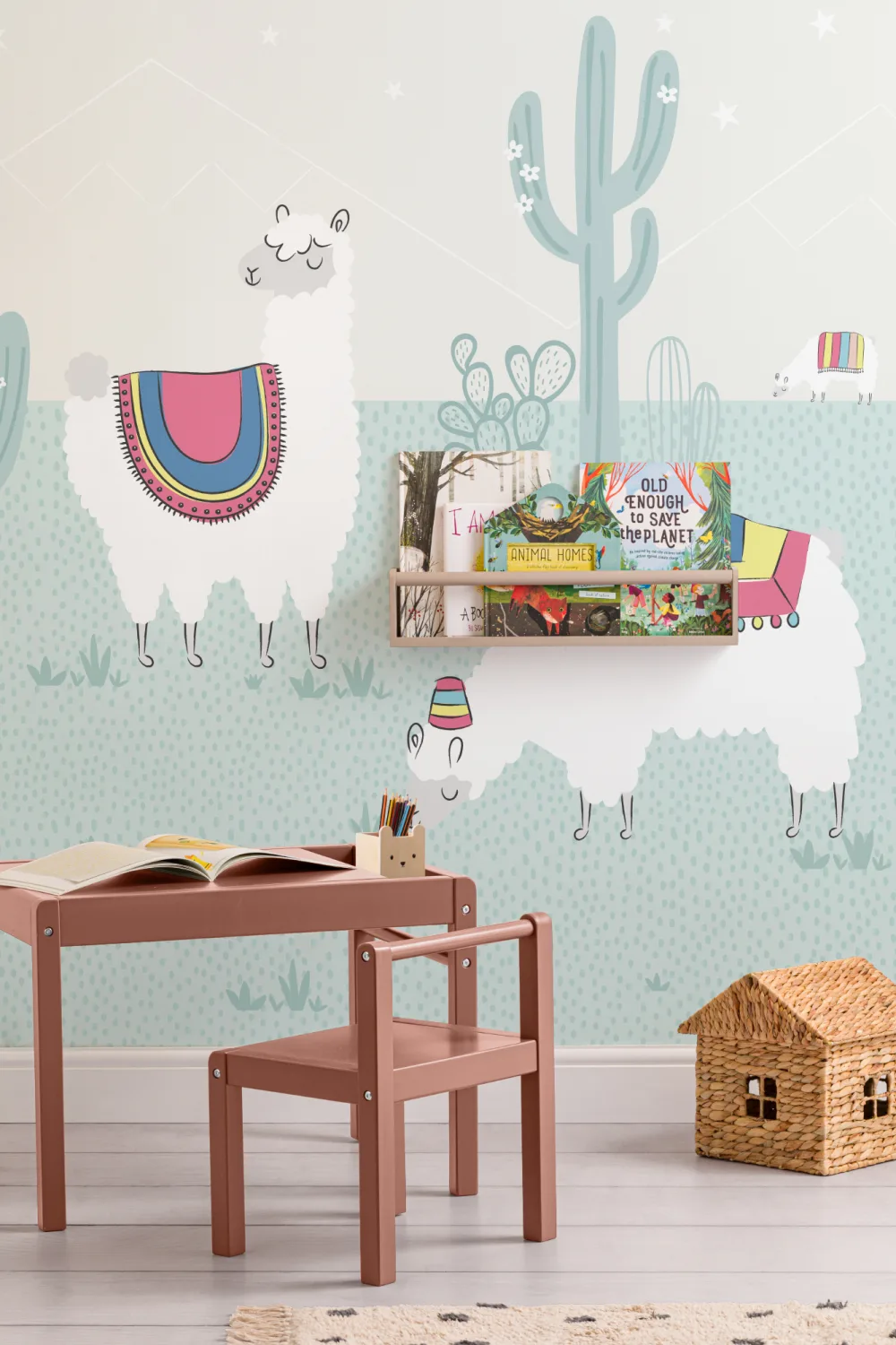 Cool albastru Exotic Llama Cactus Wallpaper Mural
