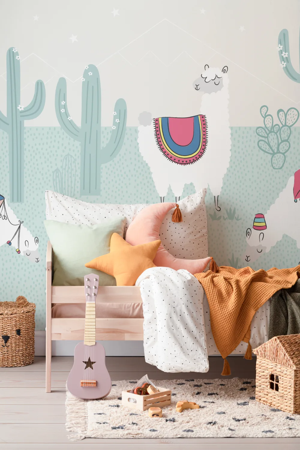 Cool albastru Exotic Llama Cactus Wallpaper Mural