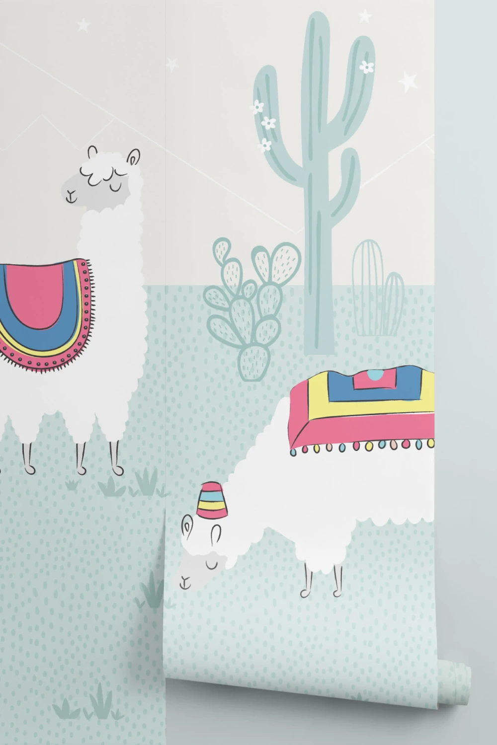 Cool albastru Exotic Llama Cactus Wallpaper Mural