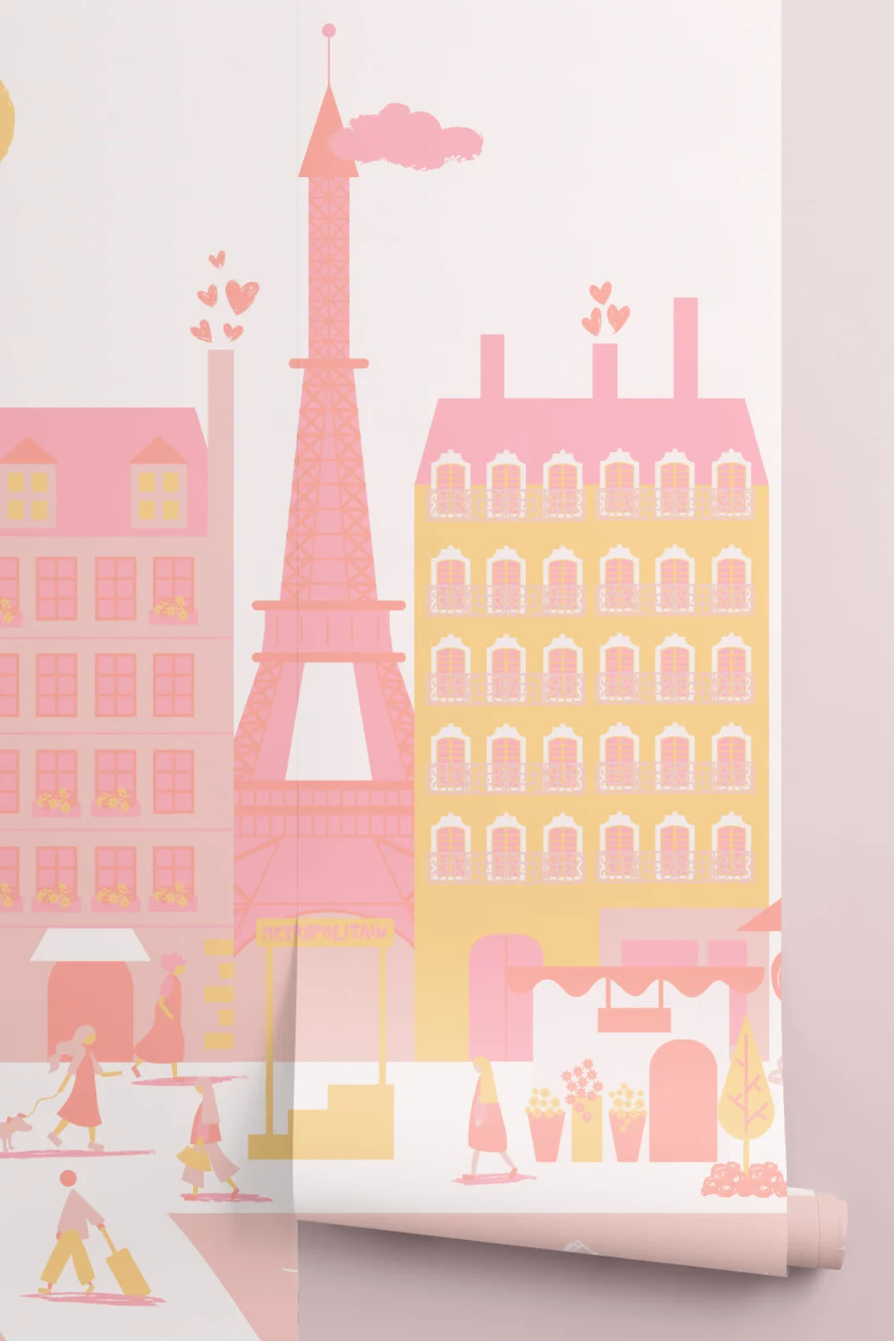 Carta da Parati Rosa con Parigi Illustrata